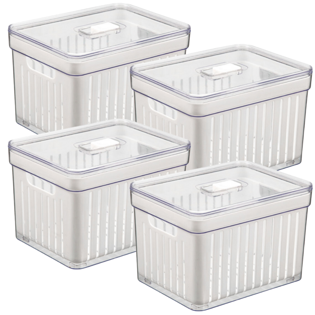 Kit 4 Cesto de Geladeira Acrilico Organizador De Armario Cozinha Frutas Verduras Multiuso Com Tampa
