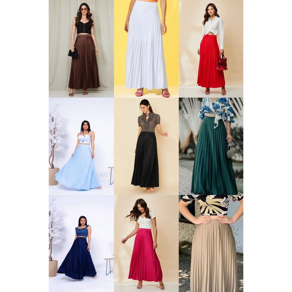 Saia Plissada Longa Plus Size G1 G2 G3 Evangélica Elegante Forrada Lisa -0241