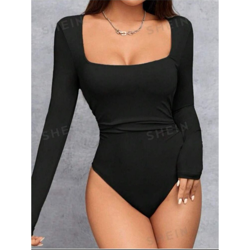 Body Feminino Decote Quadrado Gola Quadrada  Manga Longa Basico Tendência Moda Blogueira Suplex