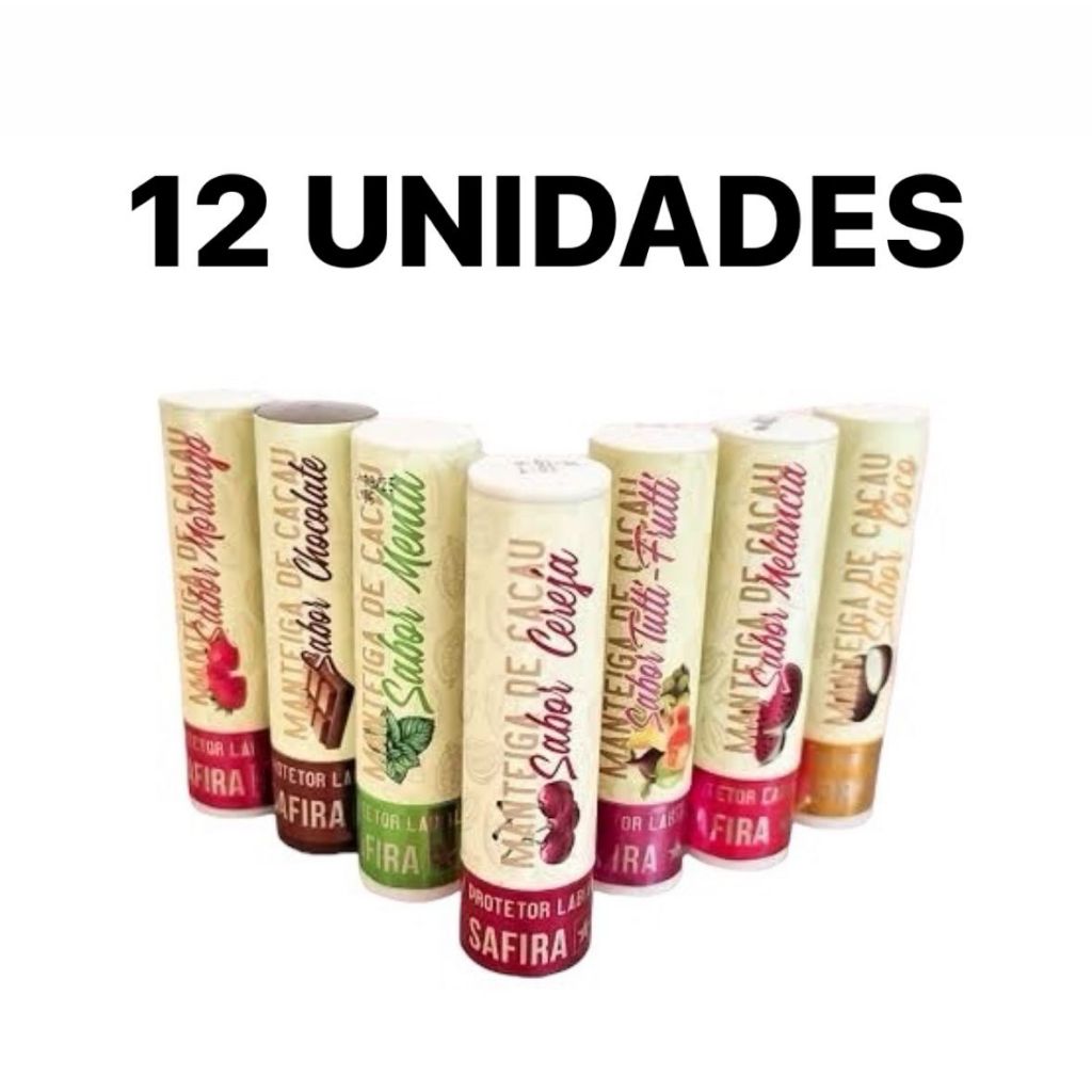 KIT 12 PROTETORES LABIAL MANTEIGA DE CACAU SABORES HIDRATANTE PROTETOR SAFIRA