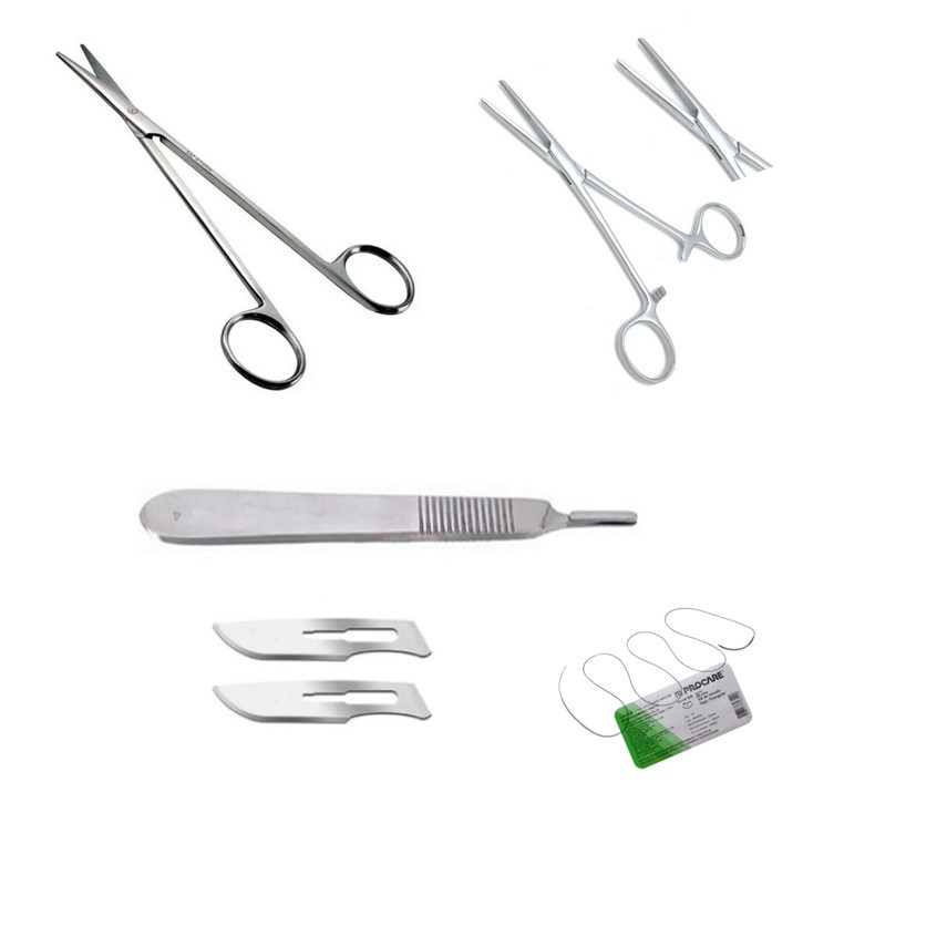 Kit Pinça Hemost. Kelly + Tes. Metzenbaum + Cabo Bisturi n4 + Fio + Lamina