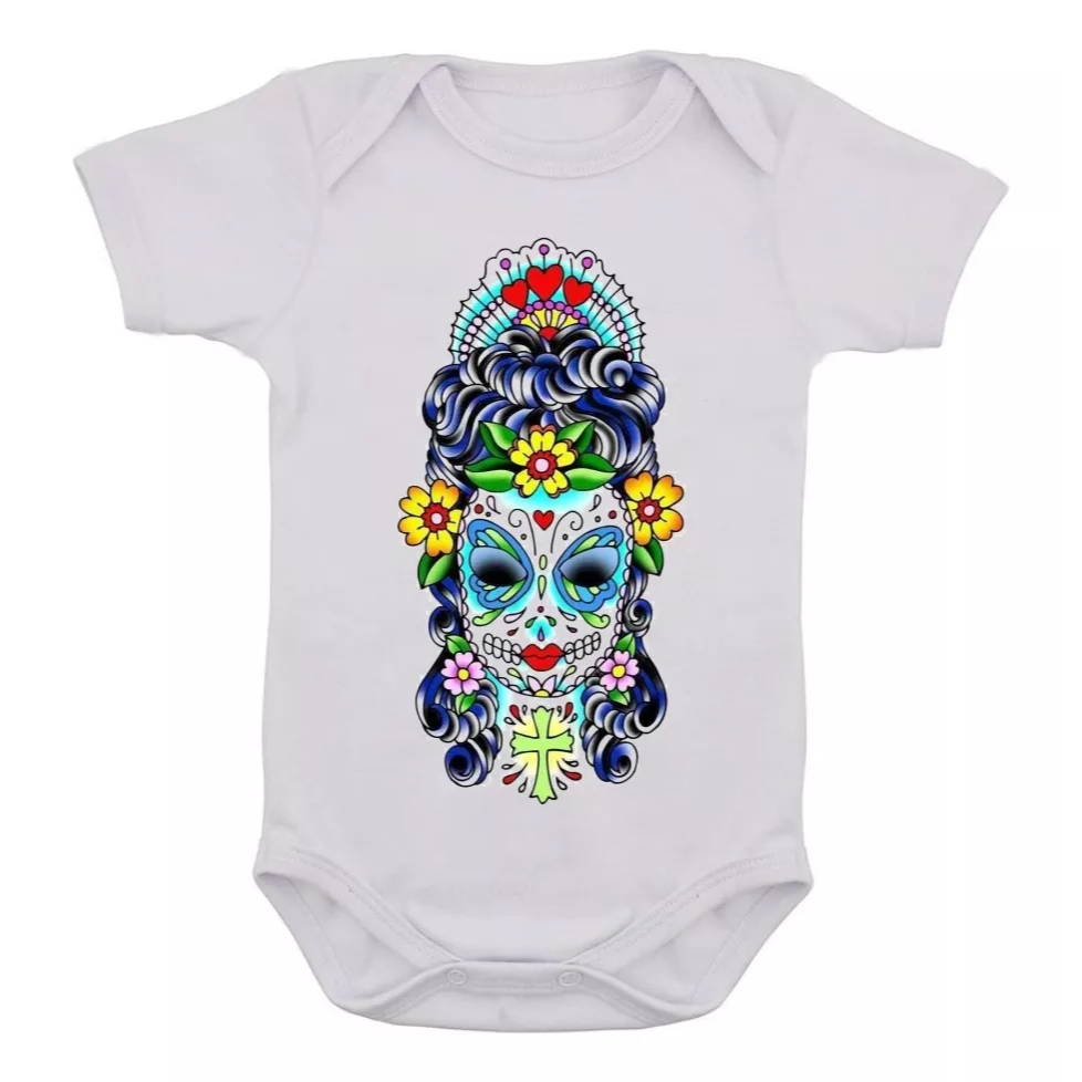 Body Infantil Caveira Mexicana Rock Desenho Colorido Bebê 06