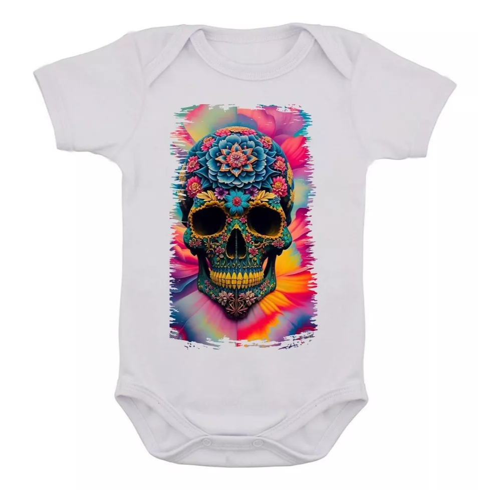 Body Infantil Caveira Mexicana Rock Desenho Colorido Bebê 03