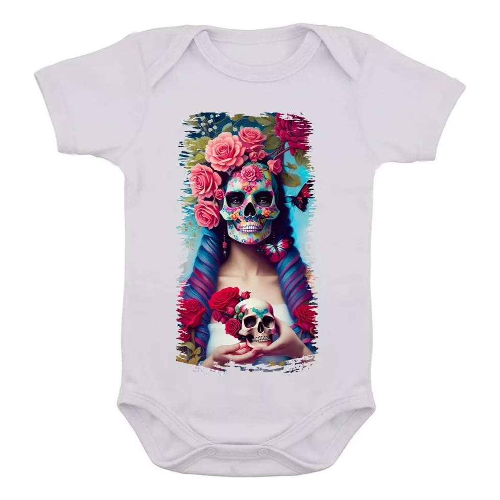 Body Infantil Caveira Mexicana Rock Desenho Colorido Bebê 17