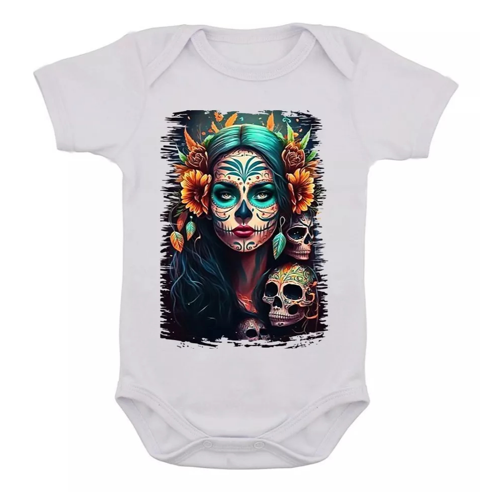 Body Infantil Caveira Mexicana Rock Desenho Colorido Bebê 13