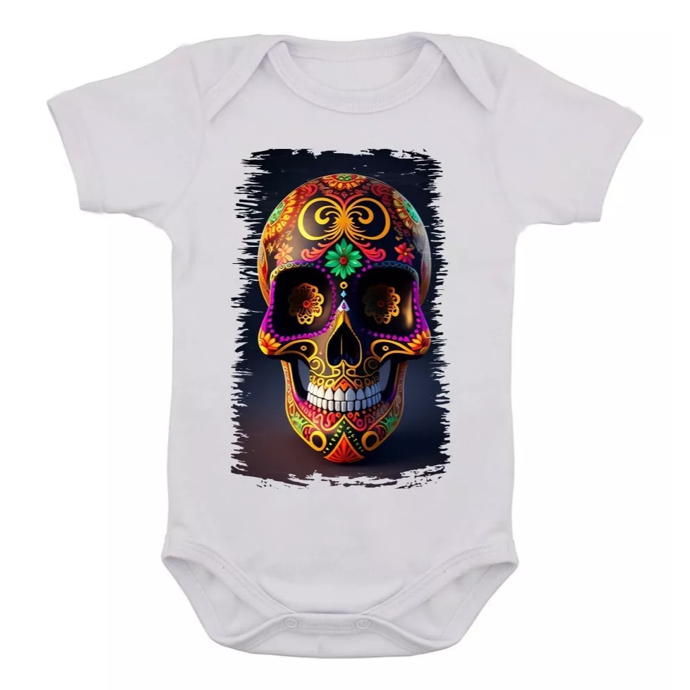 Body Infantil Caveira Mexicana Rock Desenho Colorido Bebê 10