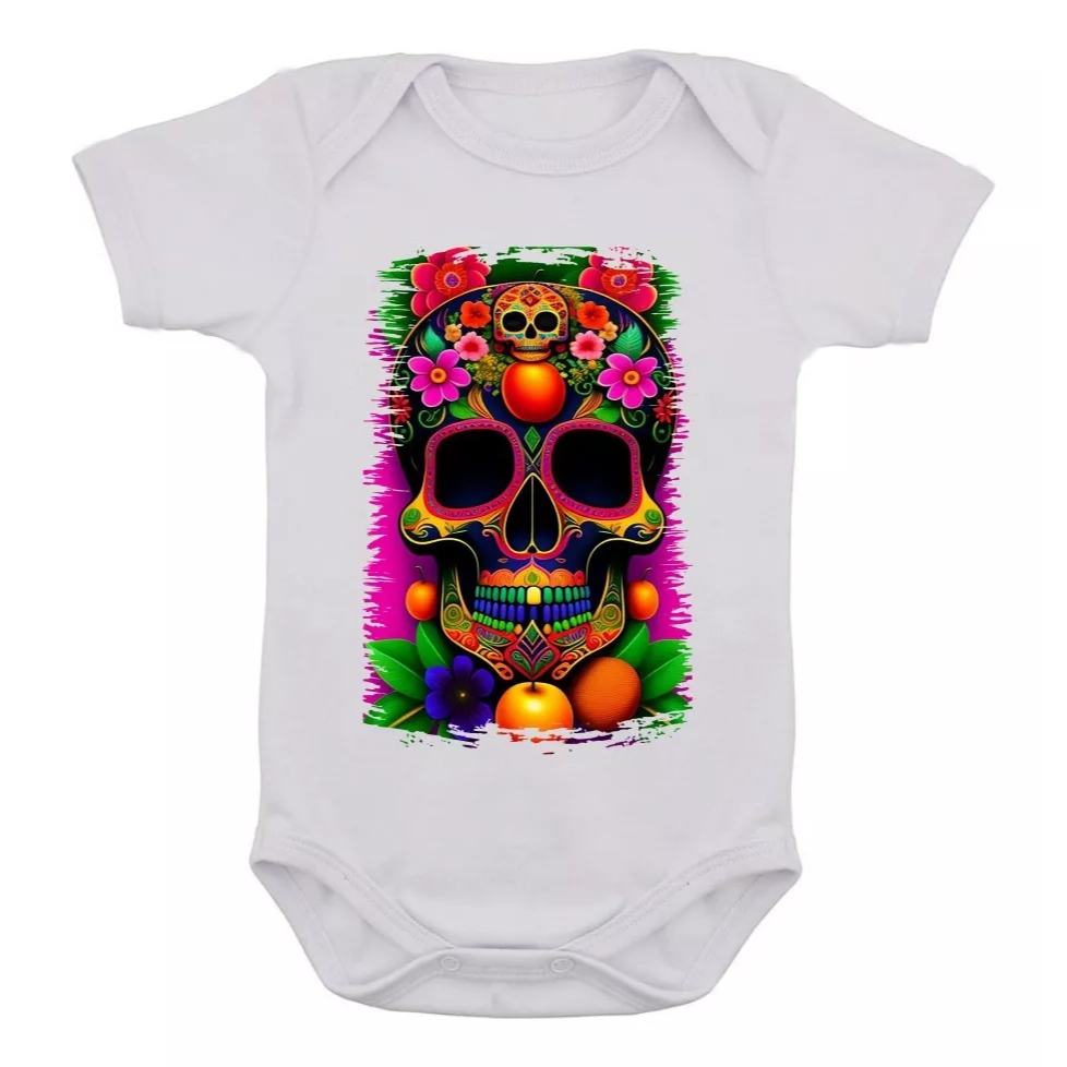 Body Infantil Caveira Mexicana Rock Desenho Colorido Bebê 16