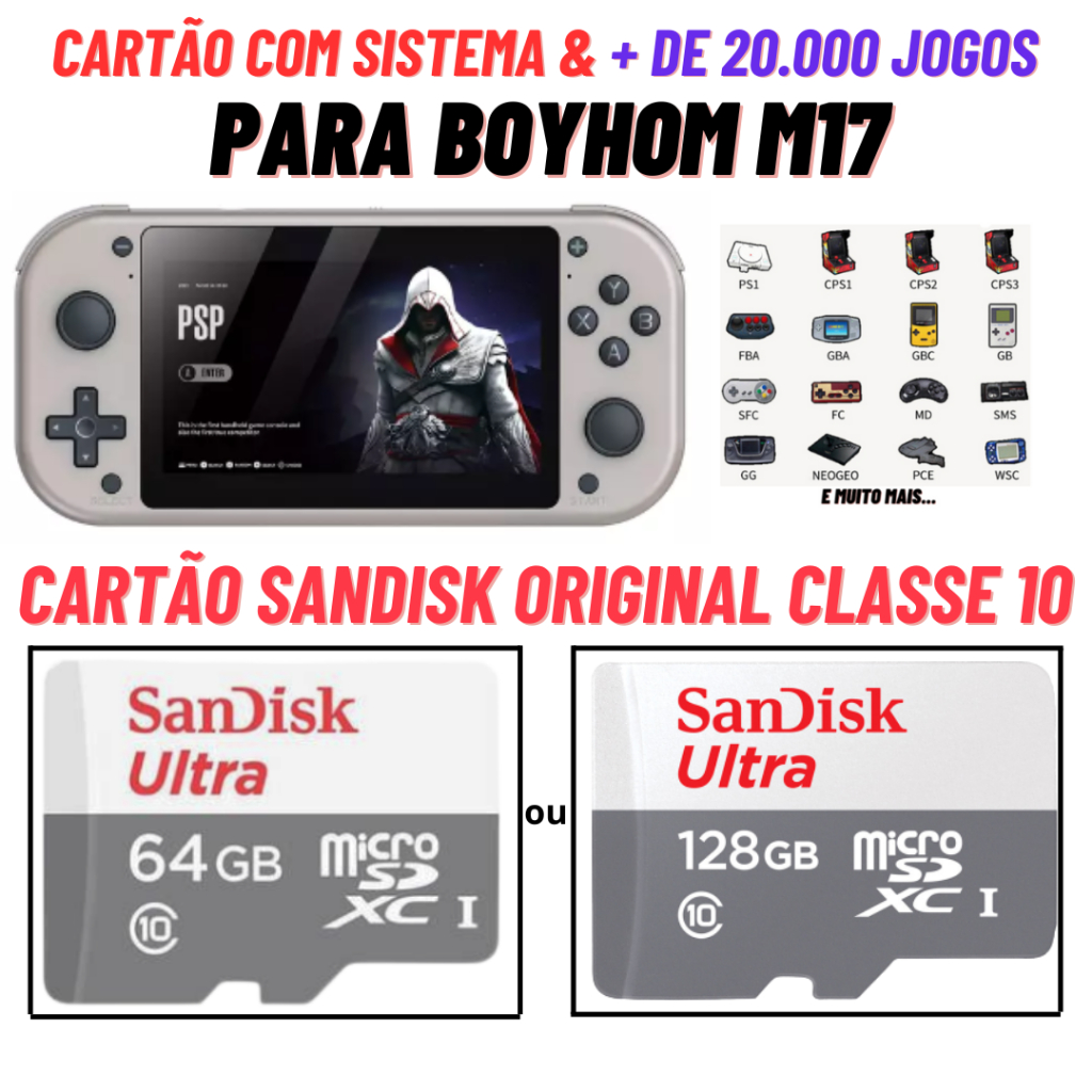 Cartão Original para Boyhom M17 com Sistema SpectralElec 3.0 e Jogos Plug in Play Só Plugar e Jogar Cartão Sandisk Original Classe 10