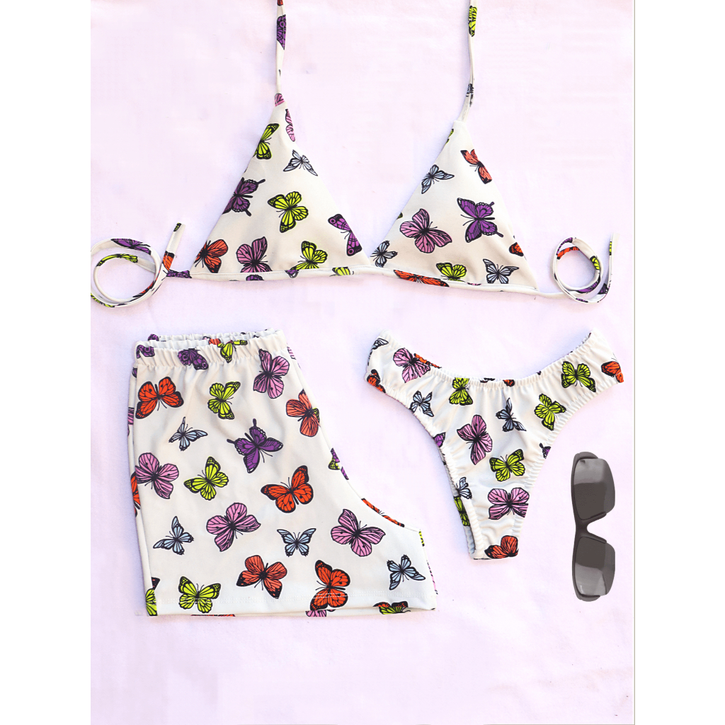 Conjunto Feminino KIT Trio Biquíni Asa Delta Suplex Estampado - Biquíni Com Bojo calcinha e Short