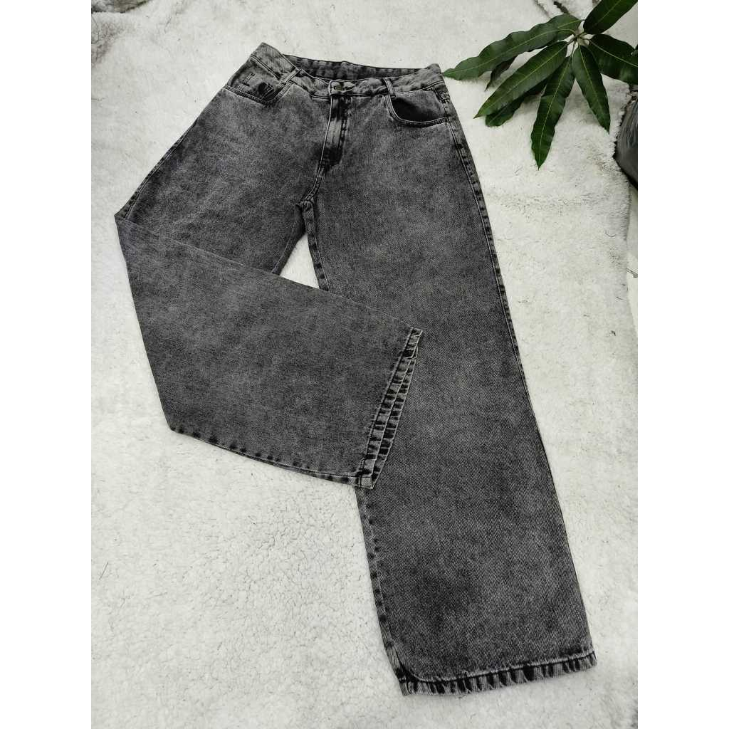 Calça jeans feminina wide leg de cintura alta grafite em Oferta na Shopee