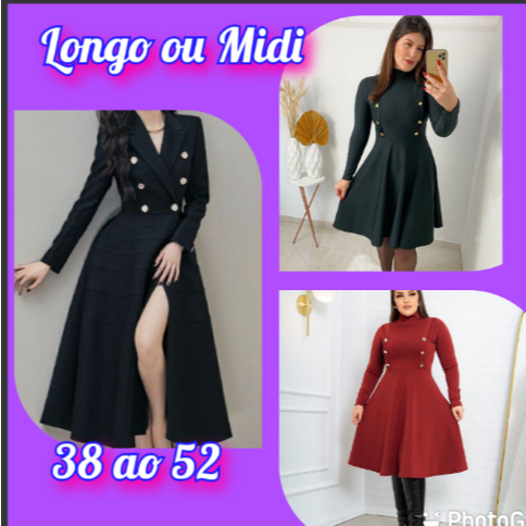 Vestidos Plus Size Evangélico Social Manga longa e Gola Alta Preto Com botões Estilo Sobretudo