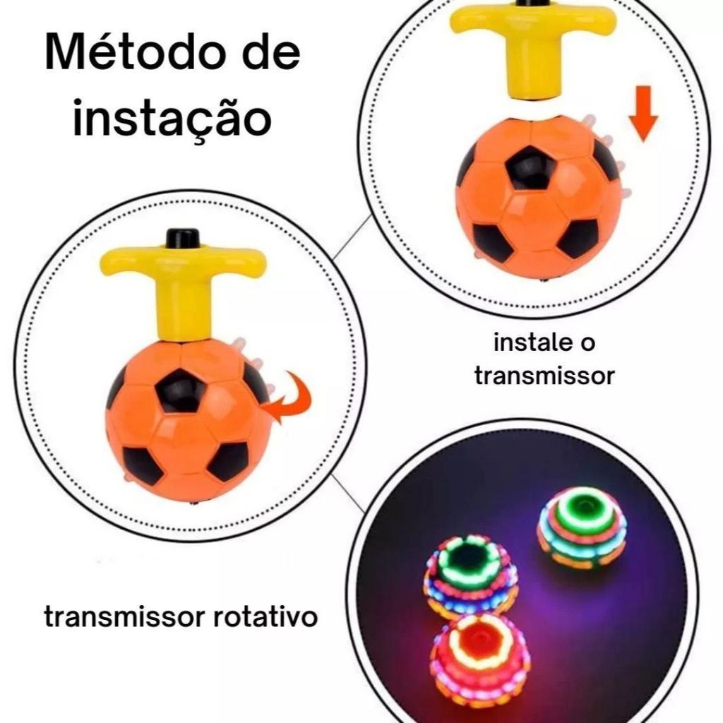 Kit 12 Pião Bola Musical Luminoso Com Luz e Som Lançador Automático em Formato de Bola