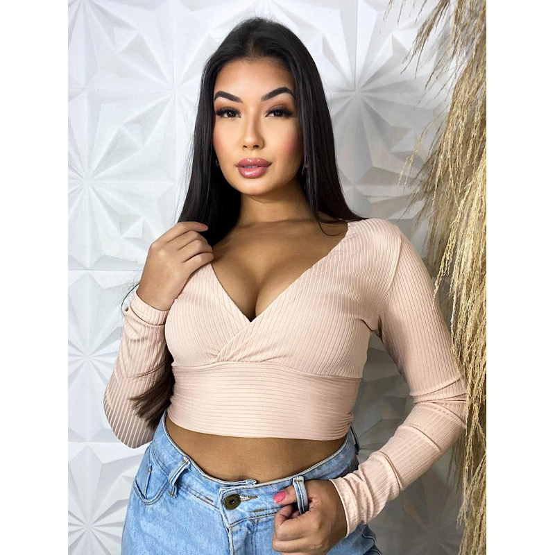 Cropped Feminino Manga Longa Decotado Decote V Tecido Casual Elegante Canelado