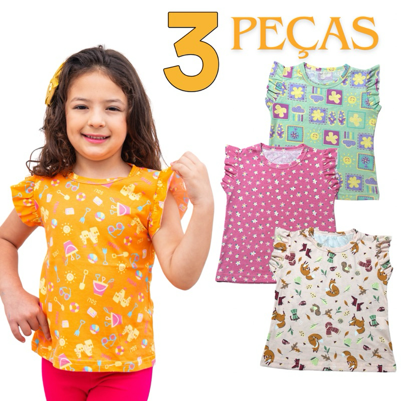 Kit 3 Blusas Estampada Verão para Meninas 2 a 12 anos
