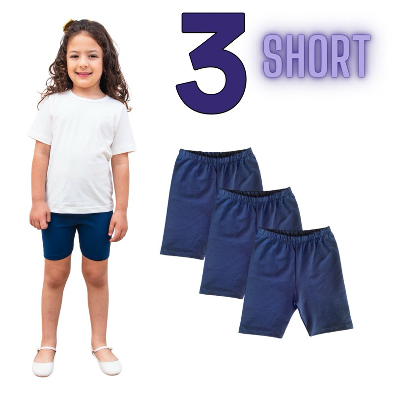 Kit 3 Short Escolar Cotton Infantil Menina 2 a 12 anos Azul Marinho (0002 marinho) em Oferta na Shopee