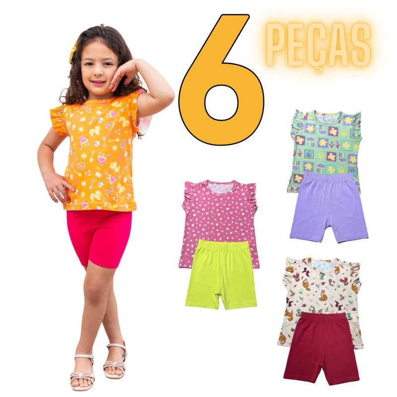 Kit 3 Conjunto Infantil Verão Menina Bermuda e Blusa Estampada 2 a 12 anos (0033) em Oferta na Shopee