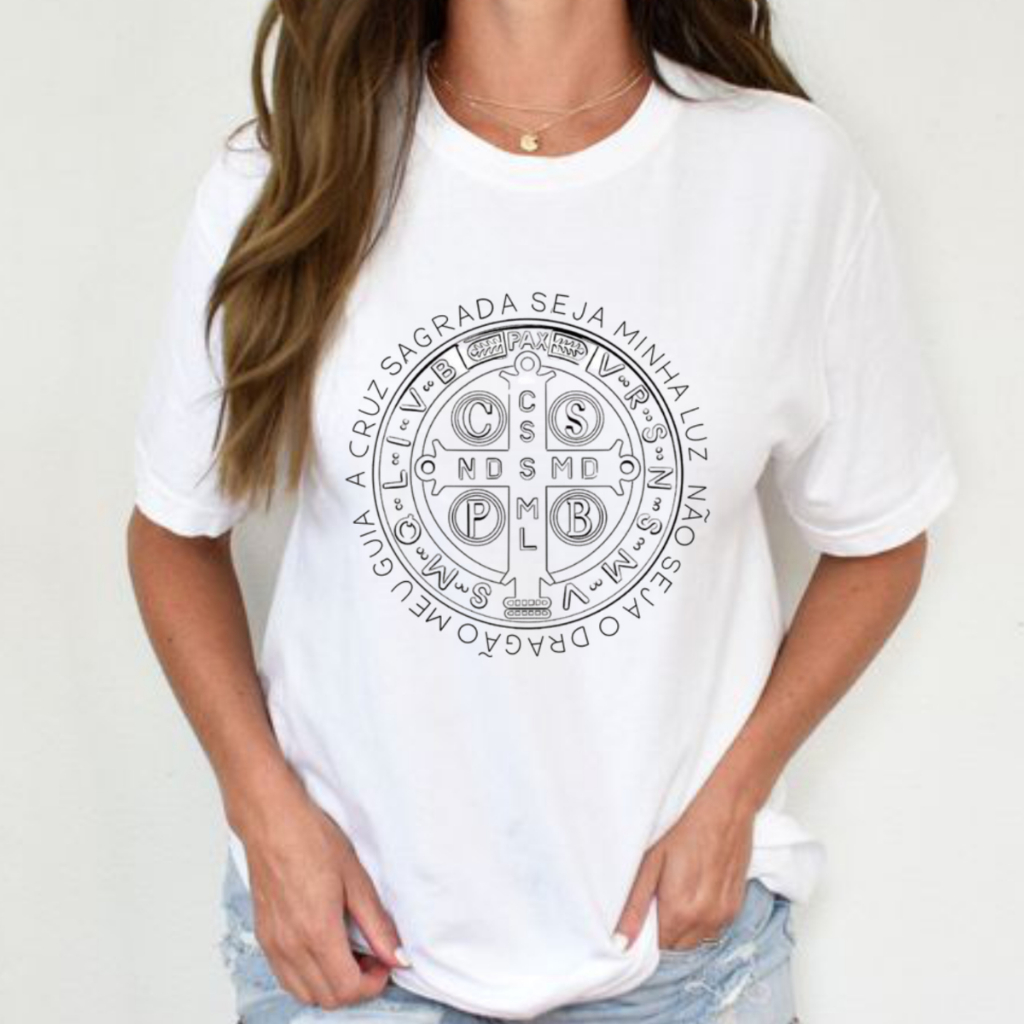 BLUSA TSHIRT feminina MEDALHA DE SÃO BENTO,moda feminina,camiseta,plus size,moda cristã