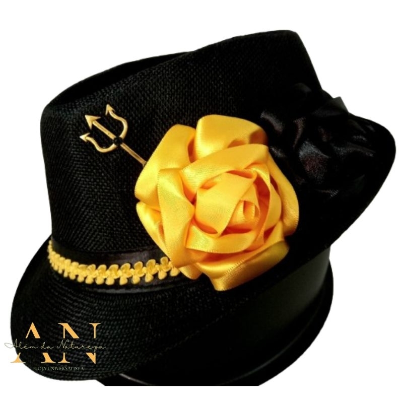 Chapéu Preto com Tridente Dourado e Rosas Amarela e Preta Pomba-gira Padilha Umbanda e Candomblé