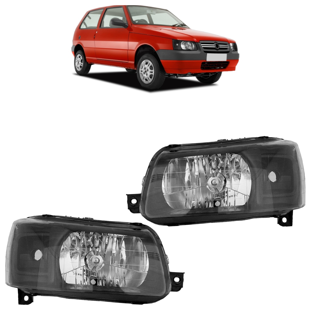 Par Farol Dianteiro Uno Fiorino 2005 A 2013 Máscara Negra Foco Duplo Lente Lisa Acrilico - Spare Parts and Accessories for Vehicles