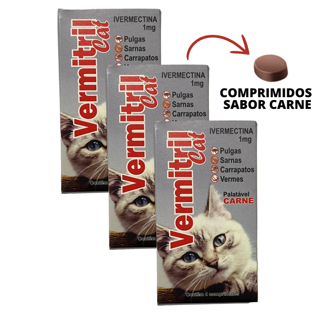 Vermitril Gatos - Anti Pulgas, Carrapatos, Vermes, Sarnas 12 Comprimidos mastigáveis