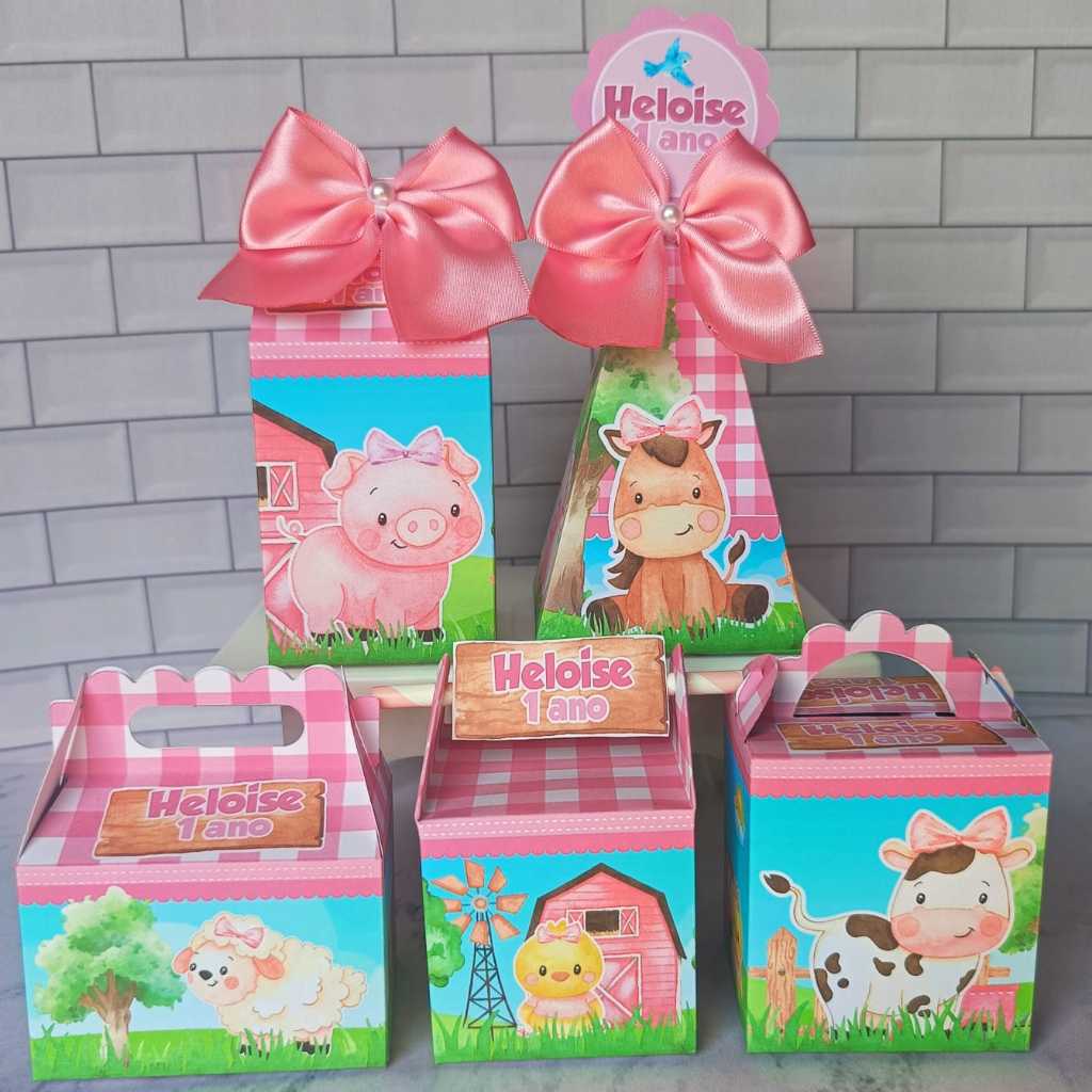 Pegue e Monte Kit festa Caixas Personalizadas Fazendinha Rosa menina Lembrancinha  Infantil Caixinha Aniversário