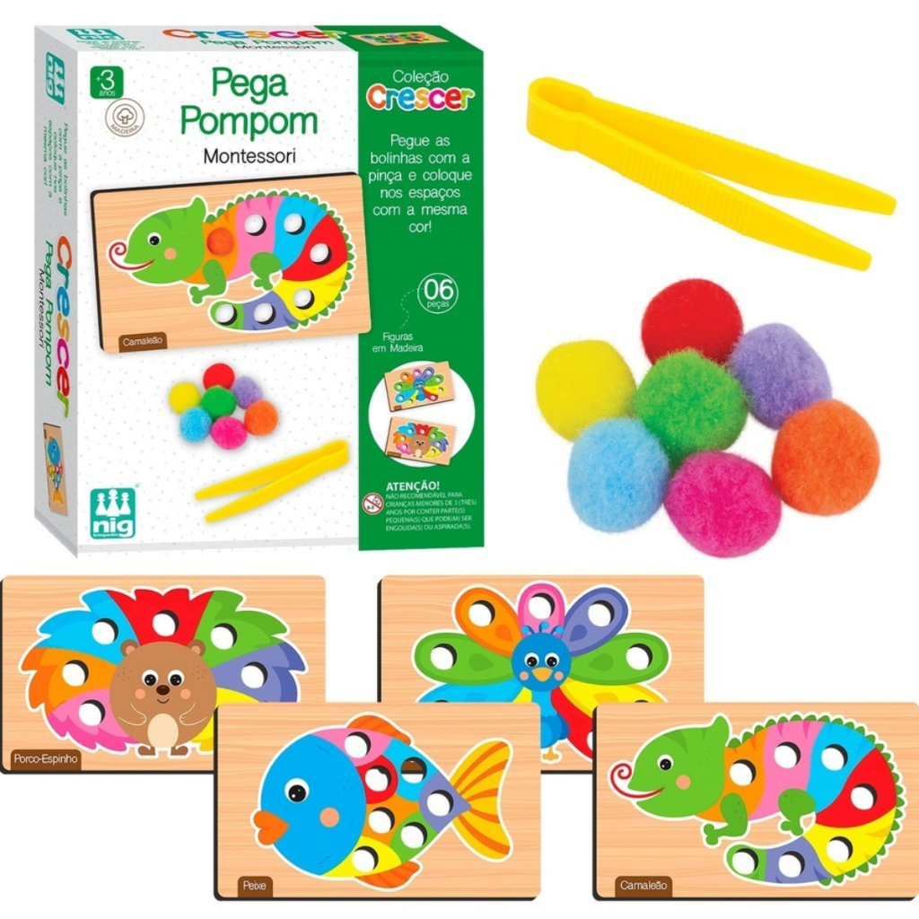 Brinquedo Pega Pompom Infantil Educativo em Madeira - Coordenação Motora Fina - Coleção 2024 NIG em Oferta na Shopee