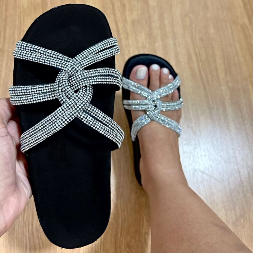 Papete Feminina Chinelo Rasteira Flatform Tira Strass Trançada Brilho Birken Pedraria Confortável