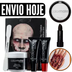 Kit Maquiagem Assustadora Halloween Profissional Artística Batom Pancake Sangue Falso