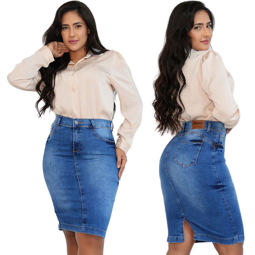 Saia Jeans Secretária Midi Moda Evangélica em Oferta na Shopee