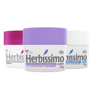Kit 3 itens - Desodorante Creme Antitranspirante Herbíssimo | Lavanda + Talco e Hibisco 55G em Oferta na Shopee