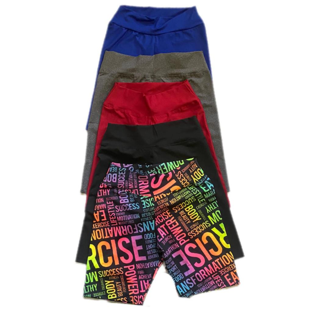 KIT 5 BERMUDA DE ACADEMIA LEGGING SUPLEX ESTAMPADO FEMININA CINTURA ALTA