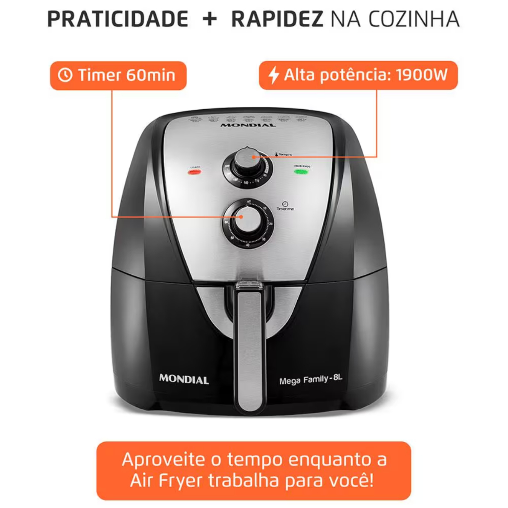 Detalhes do Air Fryer/Fritadeira Elétrica Mondial AFN-80-BI 8,0L 1900W