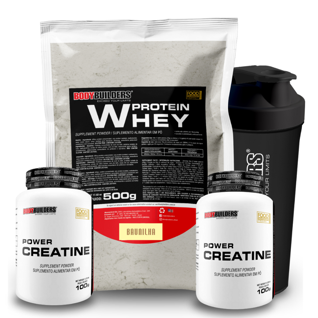 Kit Whey Protein Concentrado Proteico 500g + 2x  Power Creatina 100g + Coqueteleira - Bodybuilders em Oferta na Shopee