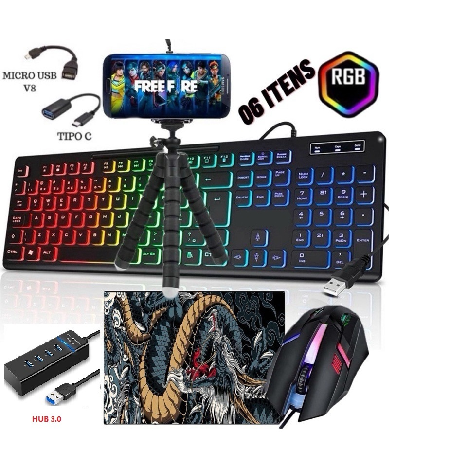 kit Mobilador Gamer RGB 6 Item Completo Para Celular Com Hub 3.0