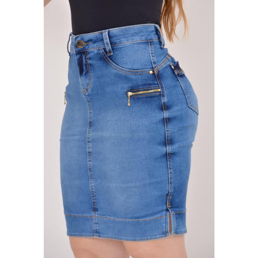 Saia Jeans Zíper Lateral Mídi Cintura Alta com Elastano Evangélica em Oferta na Shopee