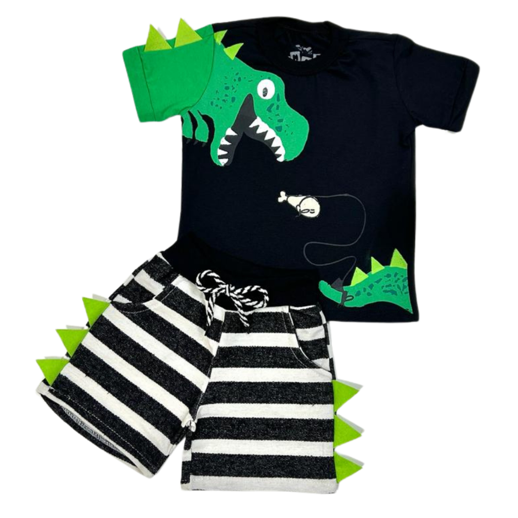 roupa de menino conjunto dinossauro camisa e short moda infantil