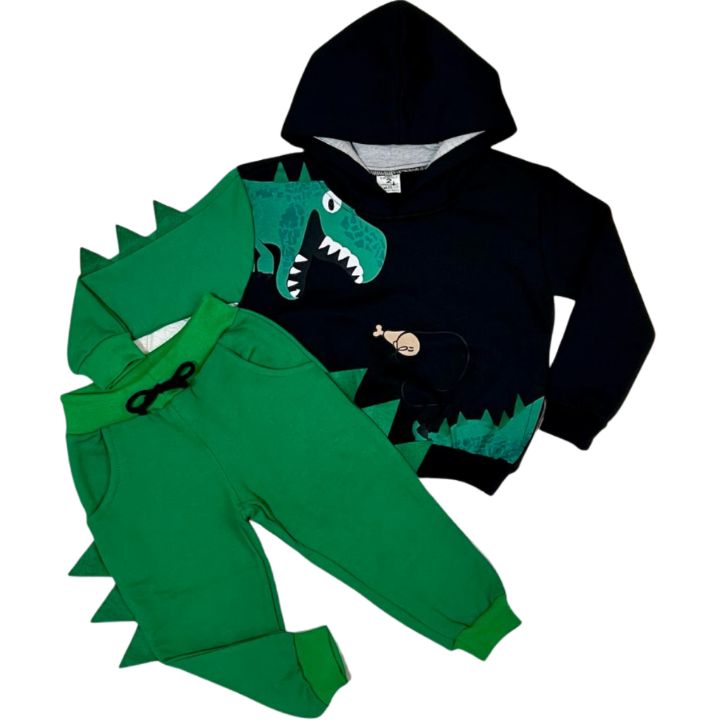 Conjunto Moletom Infantil Masculino Dinossauro Blusa Com Capuz e Calça De Menino
