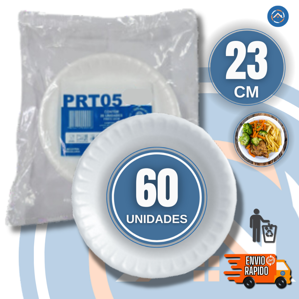 Prato de Isopor 23cm Descartável para Refeição c/60un