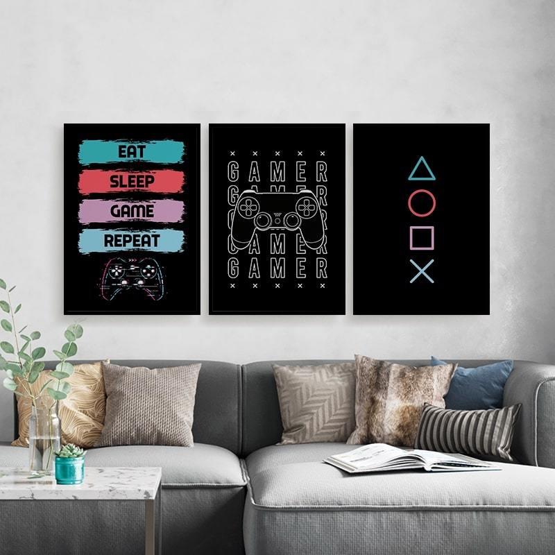 Kit 3 Quadros placas decorativas Game e Geek, controle de video game decoração de escritorio
