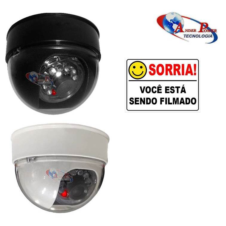 Câmera Dome Falsa Fake cor Branco Preto com Led e placa sorria está sendo filmado