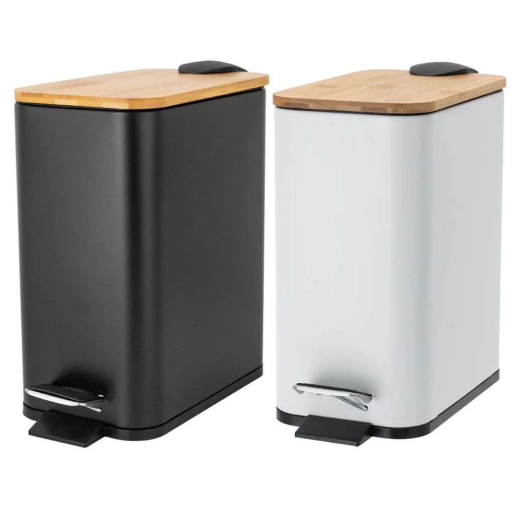 Lixeira Inox de Banheiro 5 Litros Com Pedal Tampa em Bambu c/ Sistema de Amortecimento Bal...