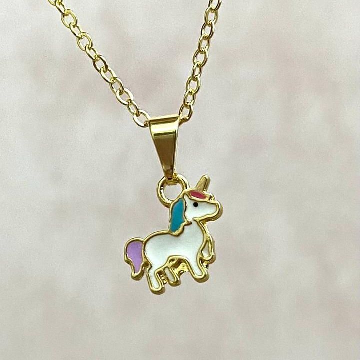  Colar Infantil Unicórnio Delicado Feminino (40cm) Banhado a Ouro 18k Alto Padrão
