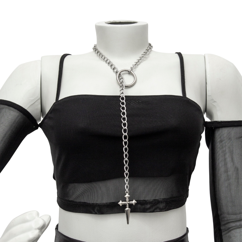 Harness Prateado Chocker Corrente Cruz Gótico Promoção