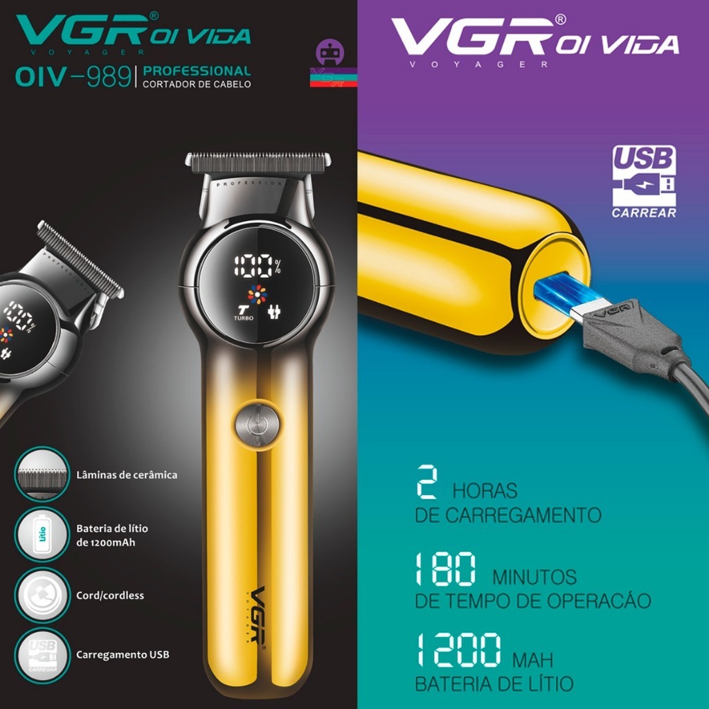 Máquina De Cortar Cabelo VGR Profissional Cortador De Cabelo Profissional Aparador De Cabelo Turbo Power Máquina De Aparar Barbeiro Carregamento USB Eléctrico Cortadores De Cabelo Para Homens V-989