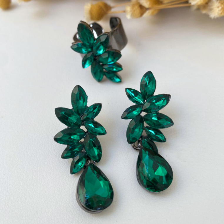 Brinco e anel verde esmeralda / fúcsia em banho ônix festa luxo brinco verde esmeralda anel verde esmeralda brincfucsia