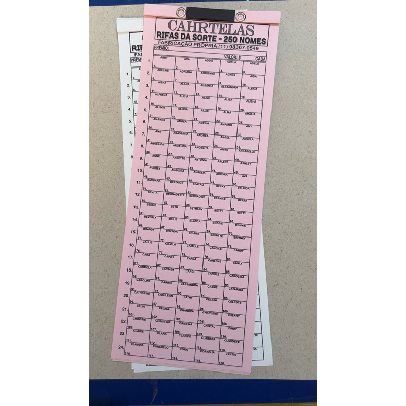Cartela de rifa 250 nomes, pacote com 5 unidades em Oferta na Shopee