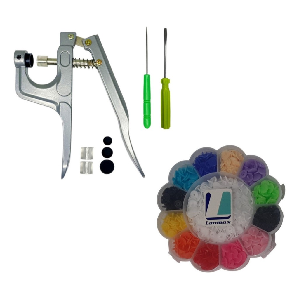 Alicate Pressão Pregar Botão Ritas + Box 180 Botões Rita 12mm N°12 Lanmax Com Estojo com Divisões