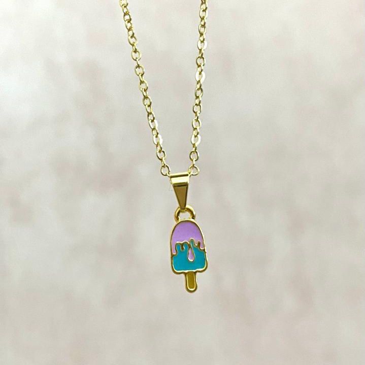  Colar Infantil Delicado Sorvete Azul Rosa Feminino Banhado a Ouro 18k Alto Padrão