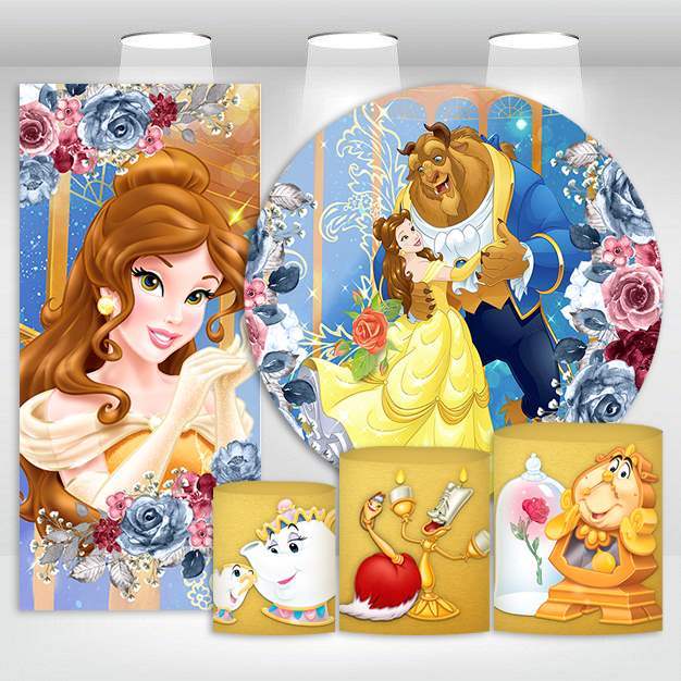 Super Kit Painel de Festa Bela e a Fera - Painel Vertical + Painel Redondo + 3 Capas de Cilindro Em Tecido Sublimado