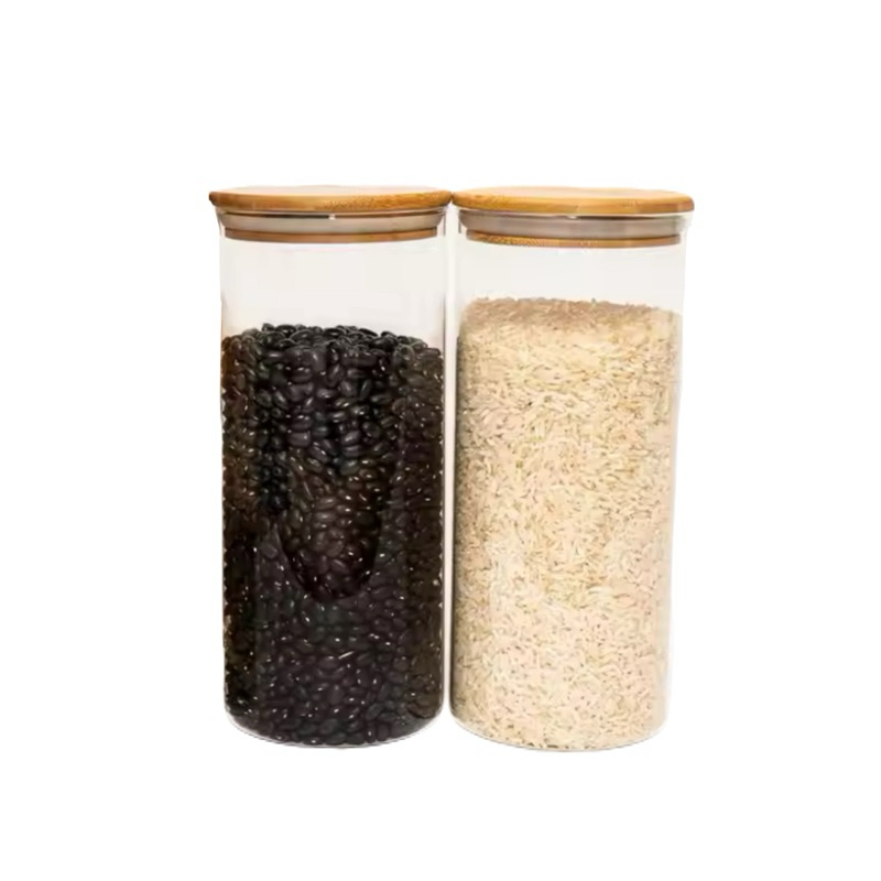 CONJUNTO 2 POTES DE VIDRO ARROZ E FEIJÃO PARA MANTIMENTOS  DE 1,2 LITROs COM TAMPA BAMBU ARMAZENAMENTO DE ALIMENTOS